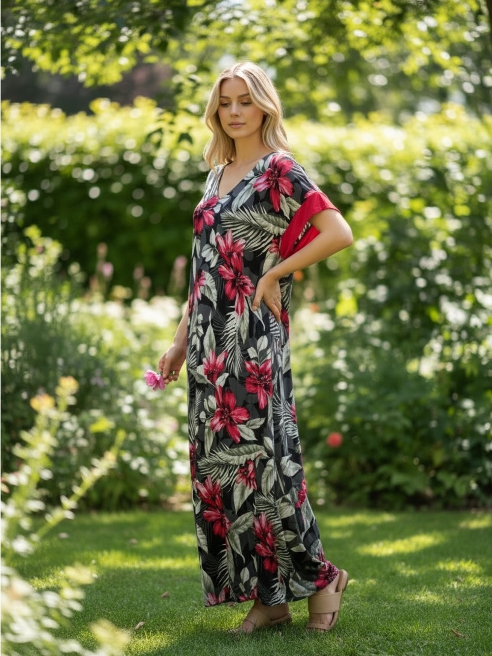 Tommy Bahama KimonoMaxi Dress with Pink Floral and Green Leaf Print